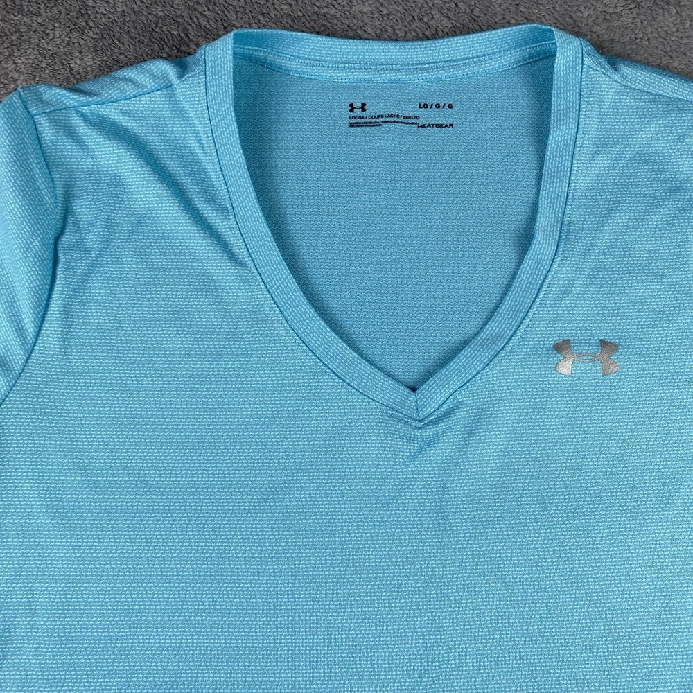 Under Armour Tech Short Sleeve V-Neck Loose Heatgear T-Shirt Womens Large Blue - Picture 3 of 16